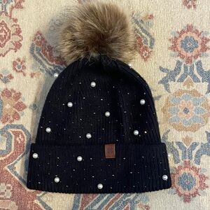 Lucky Brand Black Beanie with Pearls and Faux Fur Pom